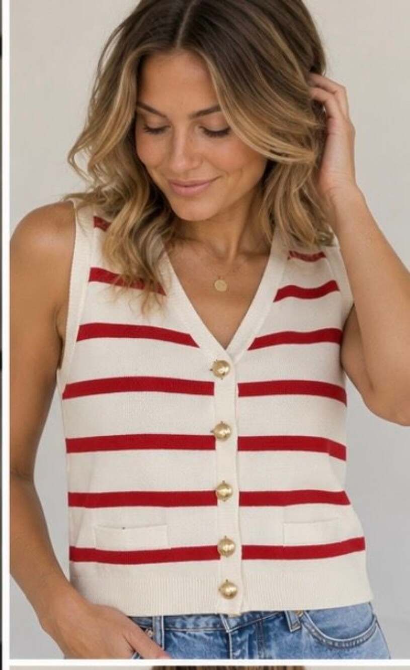 Adrianna Papell Knit Vest Red White Striped Gold Button V-Neck